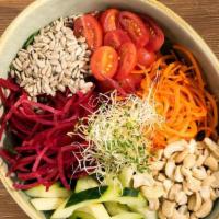 Multivitamin Salad · Red beets, carrots, grape tomatoes, cucumbers, cashews, sunflower seeds, sprouts and mixed g...