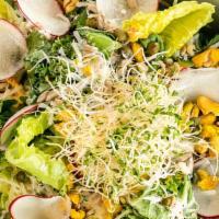 Caesar Salad · Radishes, sprouts, capers, bean croutons, vegan parmesan cheese, kale, romaine, sunflower se...
