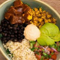 Warm Tex-Mex Bowl · Brown rice, seasoned black beans, roasted corn, spiced roasted tofu, avocado, pico de gallo,...