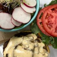 Beyond Burger · Beyond patty, tomato, sauteed onions, sauteed mushrooms, kale and chimi mayo on a bun. Serve...