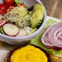 Impossible Burger · Impossible food patty, romaine, lettuce, tomato, red onion and vegan melted cheese on a bun....