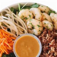 Asian Shrimp Bowl · wild rice, spring mix, arugula, citrus marinated shrimp, carrots, bean sprouts, spicy brocco...