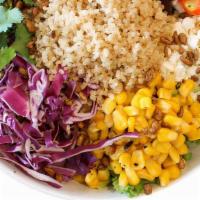 Mexican Elote Bowl · Warm quinoa, arugula, spring mix, roasted corn, roasted peppers, local goat cheese, spicy su...