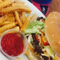 Johnny'S Burger · Burger has lettuce, tomato, onions, ketchup, mayonnaise, pink mustard, pineapple sauce, chip...