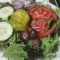 House Salad · Arcadian Harvest Mix, Tomato, Onion, Kalamata Olives, Pepperoncini, Cucumber