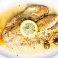 Dentice Francese · Fresh yellowtail snapper filet dipped in egg and sautéed with a light white wine, lemon sauce.
