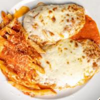 Pollo Parmigiana · Chicken breast, breaded and lightly fried, topped with pomodoro sauce and mozzarella cheese.