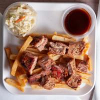 Rib Tip · Nicely cut tender rib tips served with or without sauce. Served on a bed of fries with a sid...