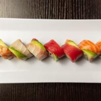 Rainbow Roll · Avocado, cucumber & tobiko topped with a variety of fresh fish.