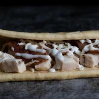 Bacon Chicken Ranch Flatbread · Chicken, turkey bacon, mozzarella and fat-free ranch(CALS 348)