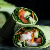 Bang Bang Shrimp Wrap · Served cold. Shrimp, carrots, spinach, tomato, cucumber and CE Sweet Chili sauce in a tomato...