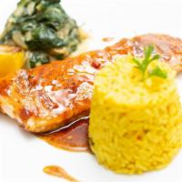 Chilli Glazed Salmon · Served with rice and spinach