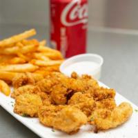 Fish & Chips · Fried catfish served with fries, lettuce, tomato, onion, pickle, served with fries.