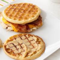 Waffle Breakfast Sandwich · 2 eggs (your choice) with bacon, ham, sausage, or turkey sausage and your choices of cheese