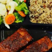 Red Salmon Meal · Two 7 ounce red wild caught salmon cooked in aged bourbon served with long grain wild rice a...