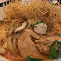 Chiang Mai Noodle · Egg noodle with chicken, onion, cilantro, and scallion in Thai Northern style curry topped w...