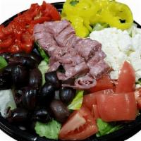 Monster Grecian Salad (Feeds 2-3) · Leafy Greens, Feta, Kalamata Olives, Roma Tomatoes, Roasted Red Peppers, Banana Peppers, Sal...