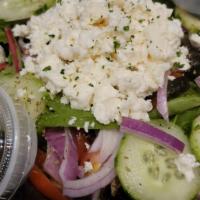 Greek Salad · Green mixed, kalamata olives, red onions, cucumber, fresh tomatoes, feta cheese with extra v...