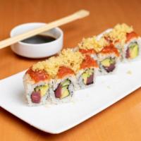 Firecracker Roll · Tuna / Cucumber / Avocado topped with spicy tuna and tempura flakes