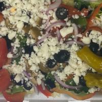 Large House Salad · Mixed greens, black and green olives, green and red pepper, red onion, tomato, mozzarella, p...