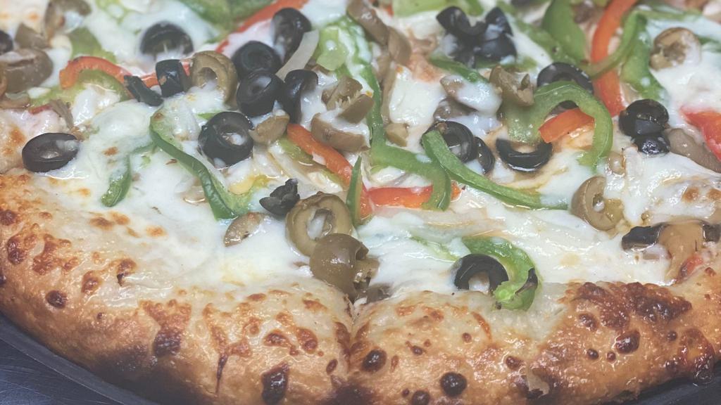Veggie Pizza · Mushrooms, onions, green and red peppers, black olives, green olives, and extra cheese.