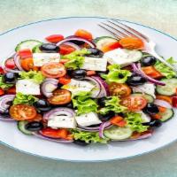 Greek Salad Getaway · Sliced olives, cucumber, green pepper rings, cherry tomatoes and pepperoncini. This salad al...
