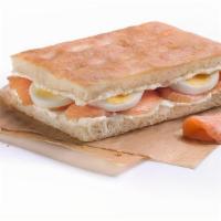 Smoked Salmon Focaccia · Focaccia salmon ahumado. Freshly toasted focaccia bread with smoked salmon, cream cheese and...