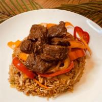 Mongolian Beef · 690 Calories. Grilled steak, mongolian sauce, red and yellow peppers, stir fried rice.