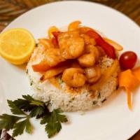 Hibachi Style Shrimp · 520 Calories. With red and yellow peppers, cilantro lime rice.