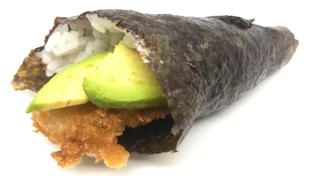 Shrimp Tempura Hand Roll (Cone Shape) · Tempura shrimp and avocado, with eel sauce.