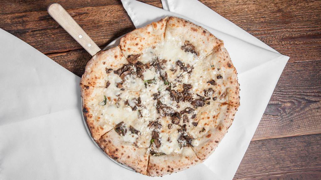 Terra White Pizza · Sauteed wild mushrooms, goat cheese, truffle oil, mozzarella, and fresh basil.