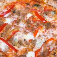 Ammazzare Red Pizza · Tomato sauce, Italian sausage, red bell peppers, caramelized onions, mozzarella, and fresh b...