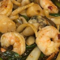 Mixed Seafood Basil · Shrimp, calamari, scallops, mussels with basil, onion & bell pepper
in spicy basil sauce. Se...