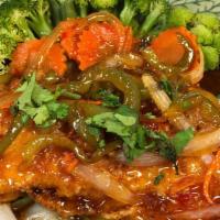 Red Snapper Three Flavor · Crispy red snapper fillet in our chef’s sweet, sour & spicy sauce with steamed mixed vegetab...