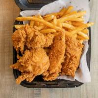 Chicken Tenders · Fresh cut crispy fried chicken tenders, plain or buffalo, with ranch or bleu cheese & fries....