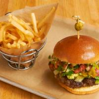 Cali-Mex Black Bean Burger · Fresh pico, lettuce, avocado, three pepper jack cheese, jalapeño ranch, & roasted green chil...