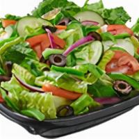 Garden Salad (Large) · Tomato, cucumber, onion, green pepper and black olive over lettuce mix. Dressing on side.