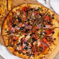 Works · Pepperoni, sausage, Italian sausage, Canadian bacon, green peppers, red onion, mushrooms, bl...