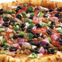 Extreme Supreme · Shaved Ham, Pepperoni, Sausage, Black Olives, Green Peppers, Red Onions.