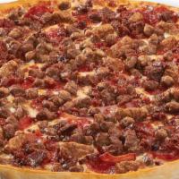 Ken'S 6 Meat · Spicy Red sauce, pepperoni, sausage, Italian sausage, beef, Canadian bacon, bacon.