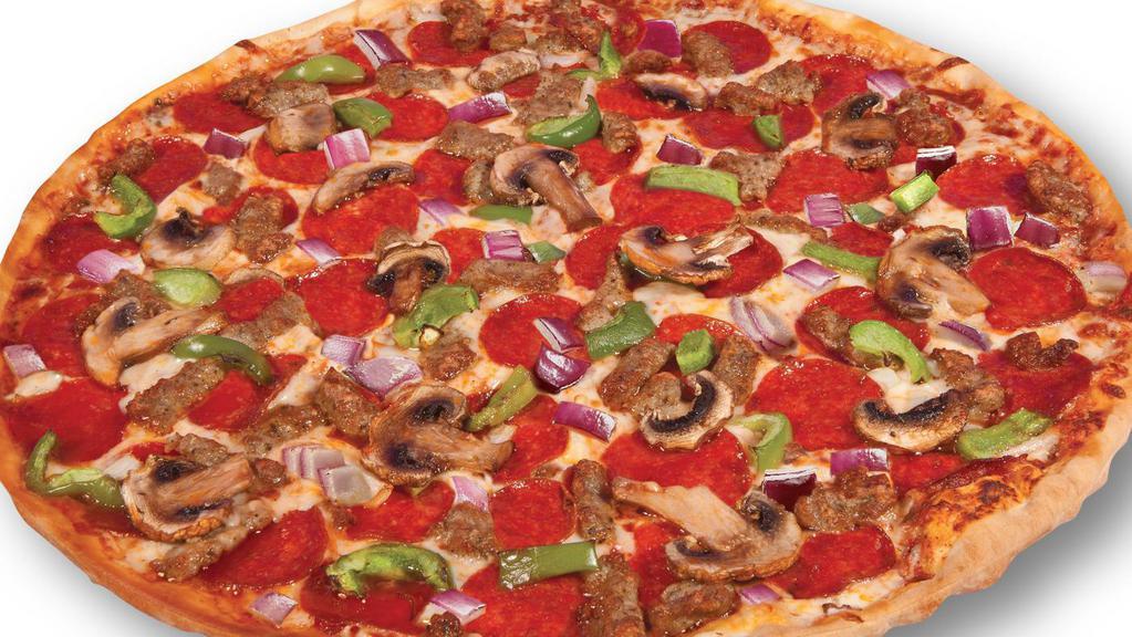 Ken'S Supreme · Spicy Red sauce, pepperoni, sausage, green peppers, fresh mushrooms, red onions.