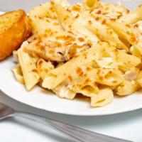 Chicken Alfredo Bake · Penne pasta served with slice grilled chicken and tossed with creamy Alfredo sauce. Topped w...