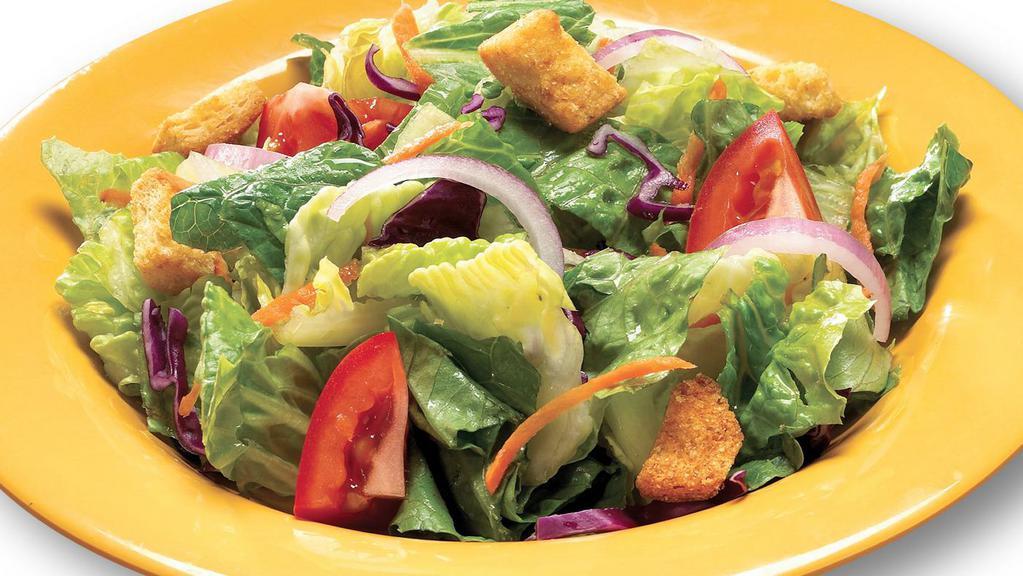 Mazzio'S House Salad · Crisp mixed greens, tomatoes, red onions, cucumber, cheddar cheese, croutons, pepperoncini with your choice of dressing.