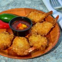 Coconut Shrimp · Six large coconut shrimp fried crispy served with a guava sweet Thai chili sauce.