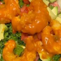 Bbq Shrimp Wrap · Homemade BBQ sauce, vegan shrimp, marinated kale , tomatoes, avocado on a lightly toasted wr...