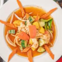 Sweet And Tangy · Our Thai version of sweet and sour with juicy tomatoes, onions, carrots, pineapple, crisp cu...