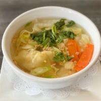 Wonton Soup · Ground chicken in wonton skin, carrot, napa, scallion, and cilantro.