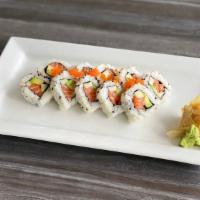 Salmon California Roll (10 Pieces) · Salmon with cucumber, avocado, masago, sushi rice and sesame seeds. Side of wasabi, ginger a...