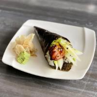 Eel Hand Roll · Eel, cucumber, sushi rice and eel sauce. Side of wasabi, ginger and soy.