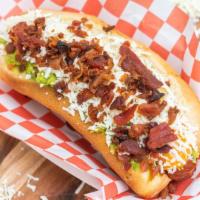 Bacon & Cheese · Delicious hot dog served with fresh made guacamole, cheese, sweet applewood bacon, chipotle ...